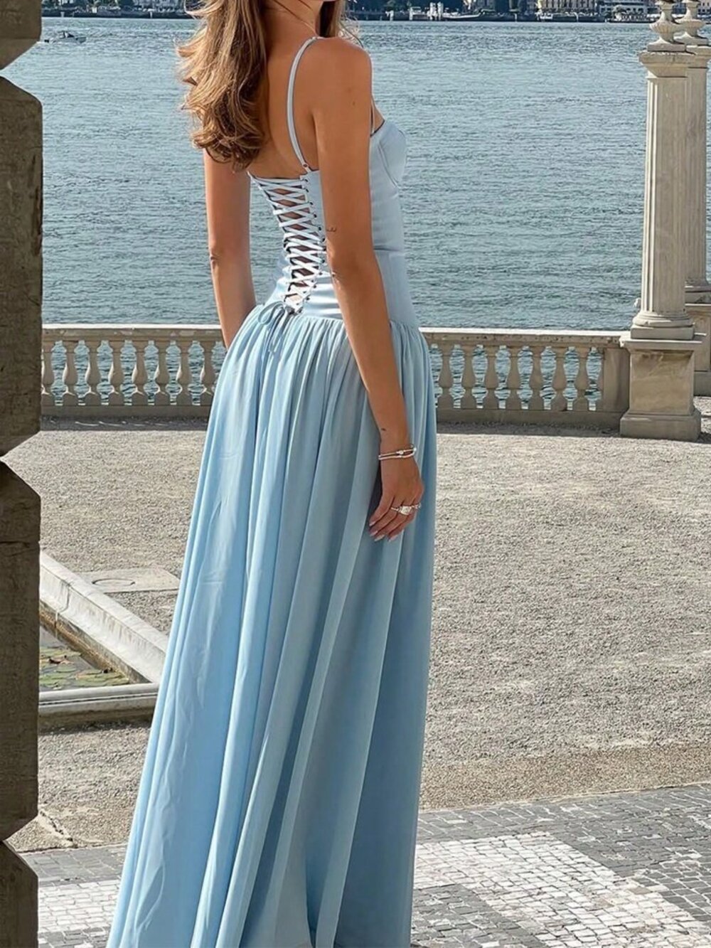 Blue Elegant Women's Romantic Fitted Pleated Dress - Picture 2 of 9